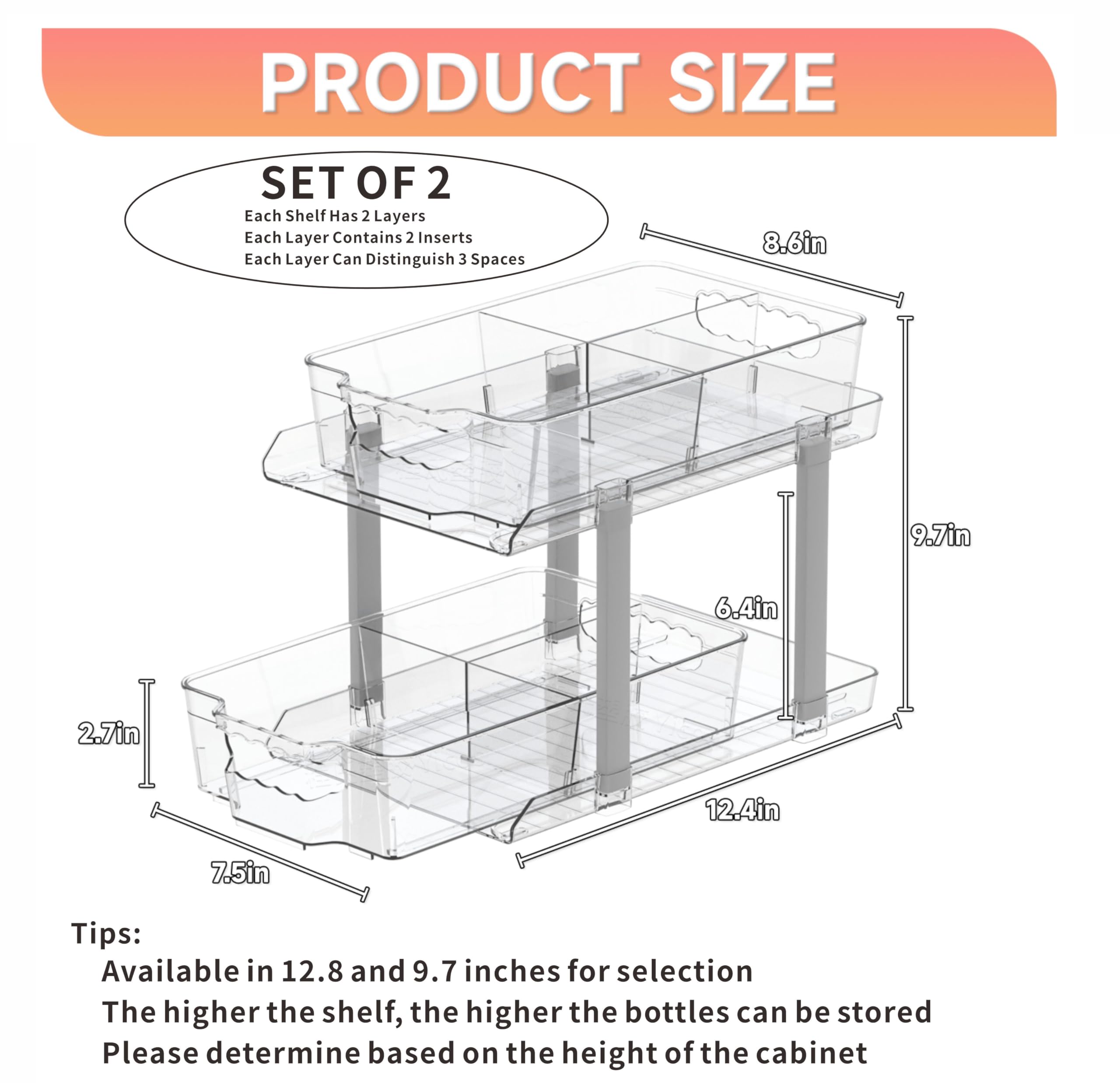 2 Set 2 Tier Clear Bathroom Organizers and Storage,MultiUse Slide Out Under Sink Organizer and Pull Out Cabinet Organizer for Kitchen, Pantry, Medication Organizer Storage,Vanity Makeup Organization