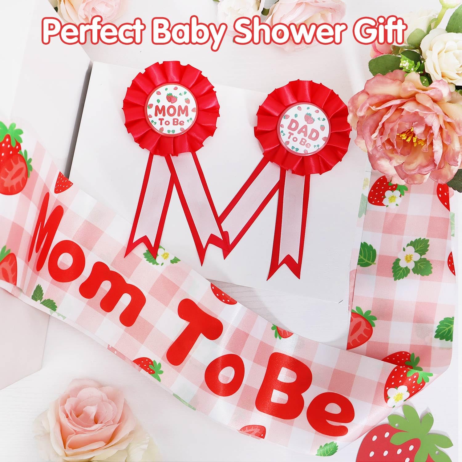 Lopeastar Strawberry Baby Shower Decorations Mom to Be Sash Dad to Be Corsage Set, Berry Sweet Mommy to Be Sash Baby Shower Sash Set Party Decorations