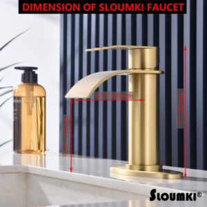 SLOUMKI Brushed Gold Waterfall Bathroom Faucet Single Hole, Gold Bathroom Faucet for Sink 1 Hole with 6 in Deck Plate and Pop Up Drain and Supply Hose, Modern Bathroom Sink Faucet