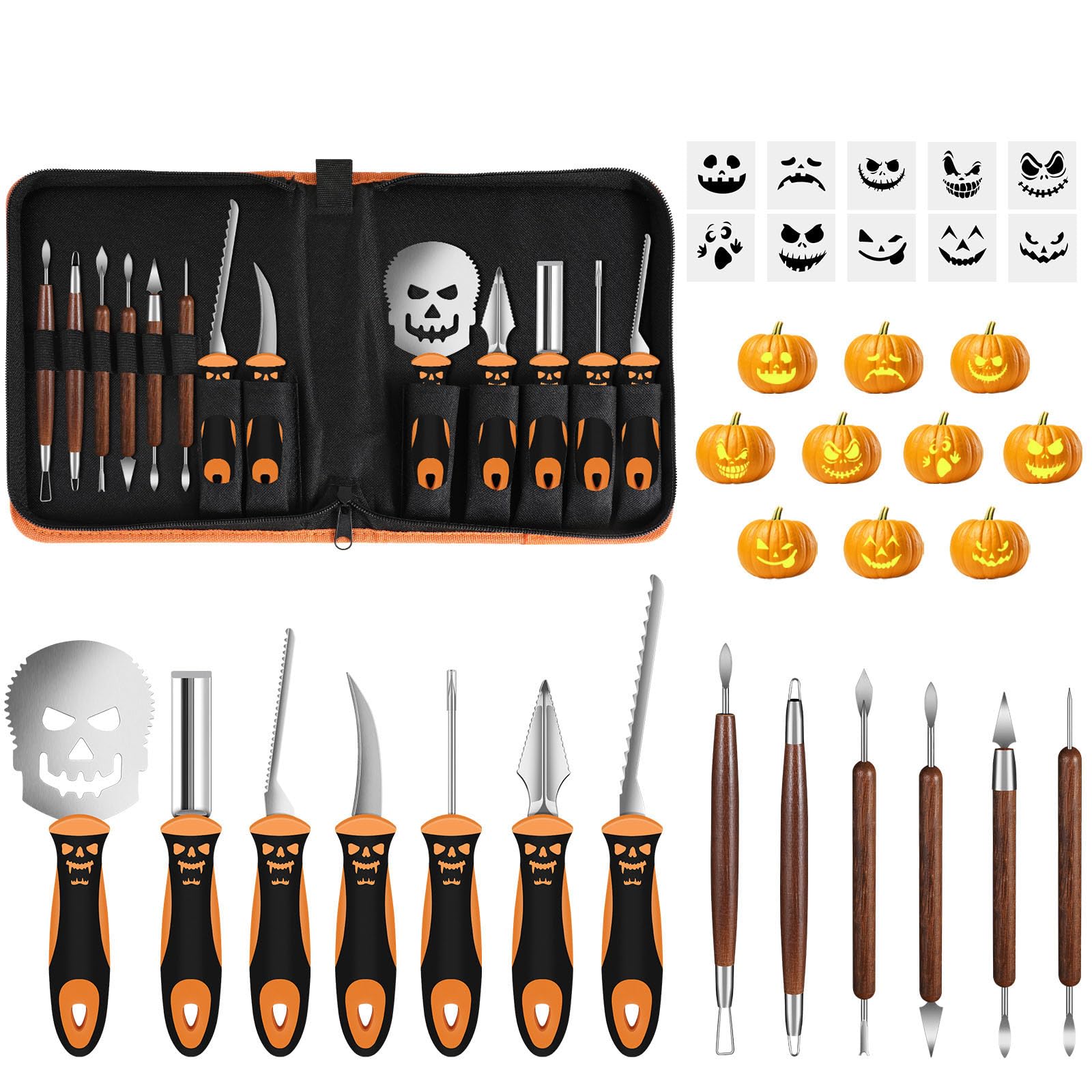 YUYUNLOMN Halloween Pumpkin Carving Tool kit, 13-Piece Professional Stainless Steel Pumpkin Cutting & Carving Set with 10 Templates, Carrying Bag - Perfect for Family Fun Time During Halloween