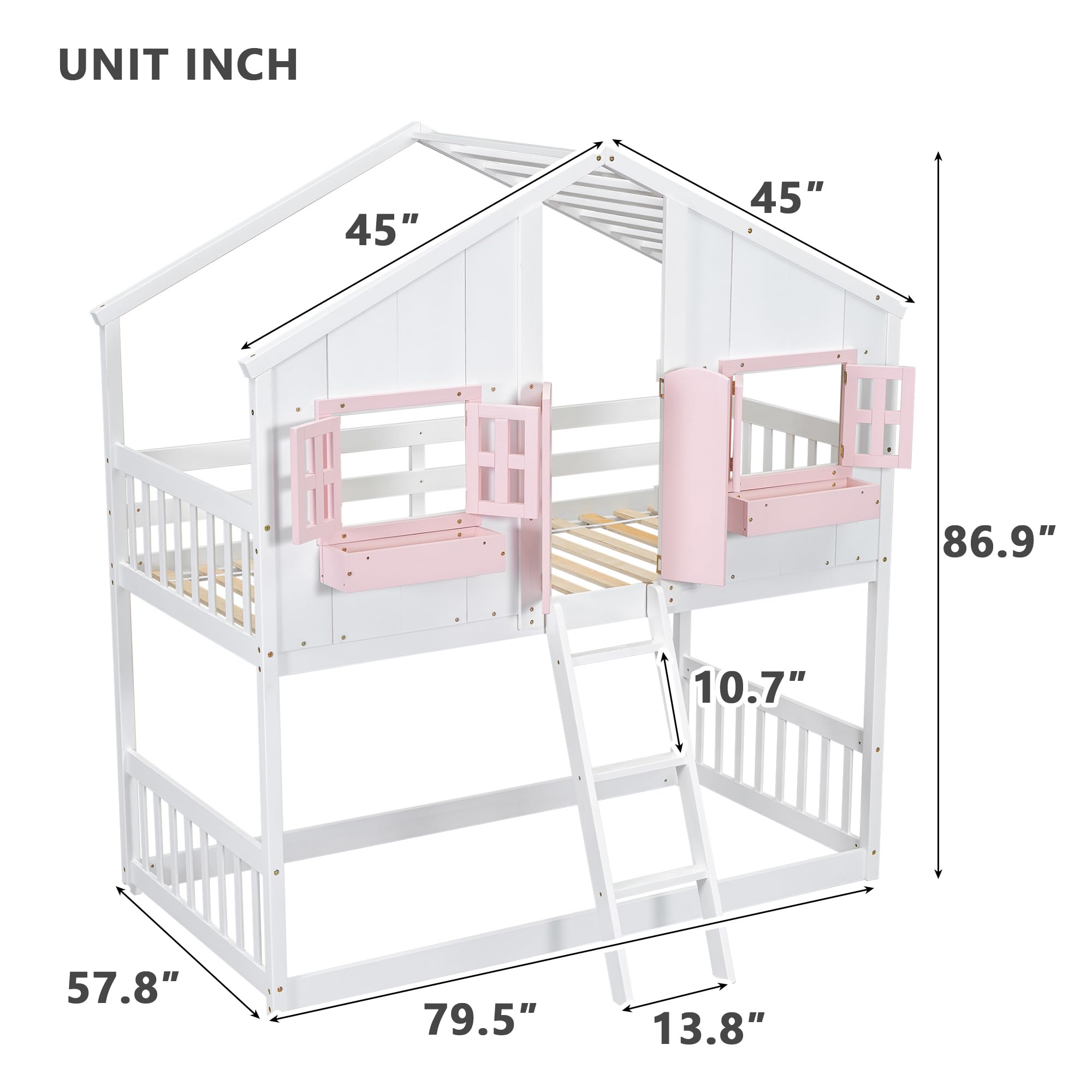 Tdewlye House Bunk Bed Twin Over Twin Kids Bunk Bed Wood Frame with Roof, Window, Window Box, Door, Safety Guardrails and Ladder for Girls Boys Child Teens (Pink+White-@14)