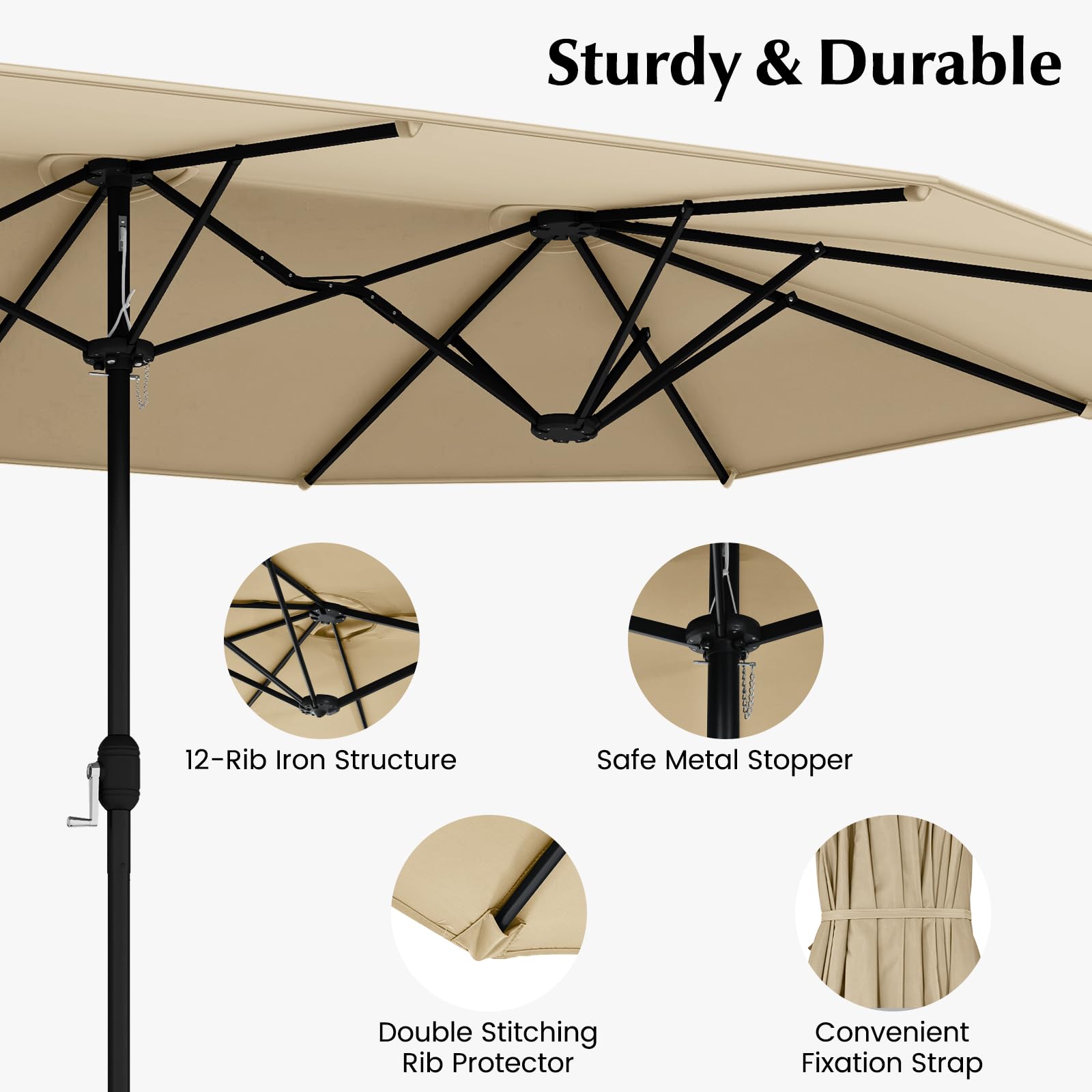 Tangkula 10 Pieces Patio Wicker Dining Set w/Double-Sided Patio Umbrella, Outdoor Acacia Wood Furniture Set w/ 8 Armchairs, 71” Dining Table & 15 ft Umbrella with Weighted Base (Beige)