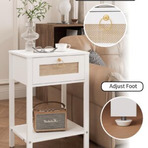 JOONEE Rattan Nightstand，Modern Farmhouse Bedside Table with Storage Drawer and Shelf (White)