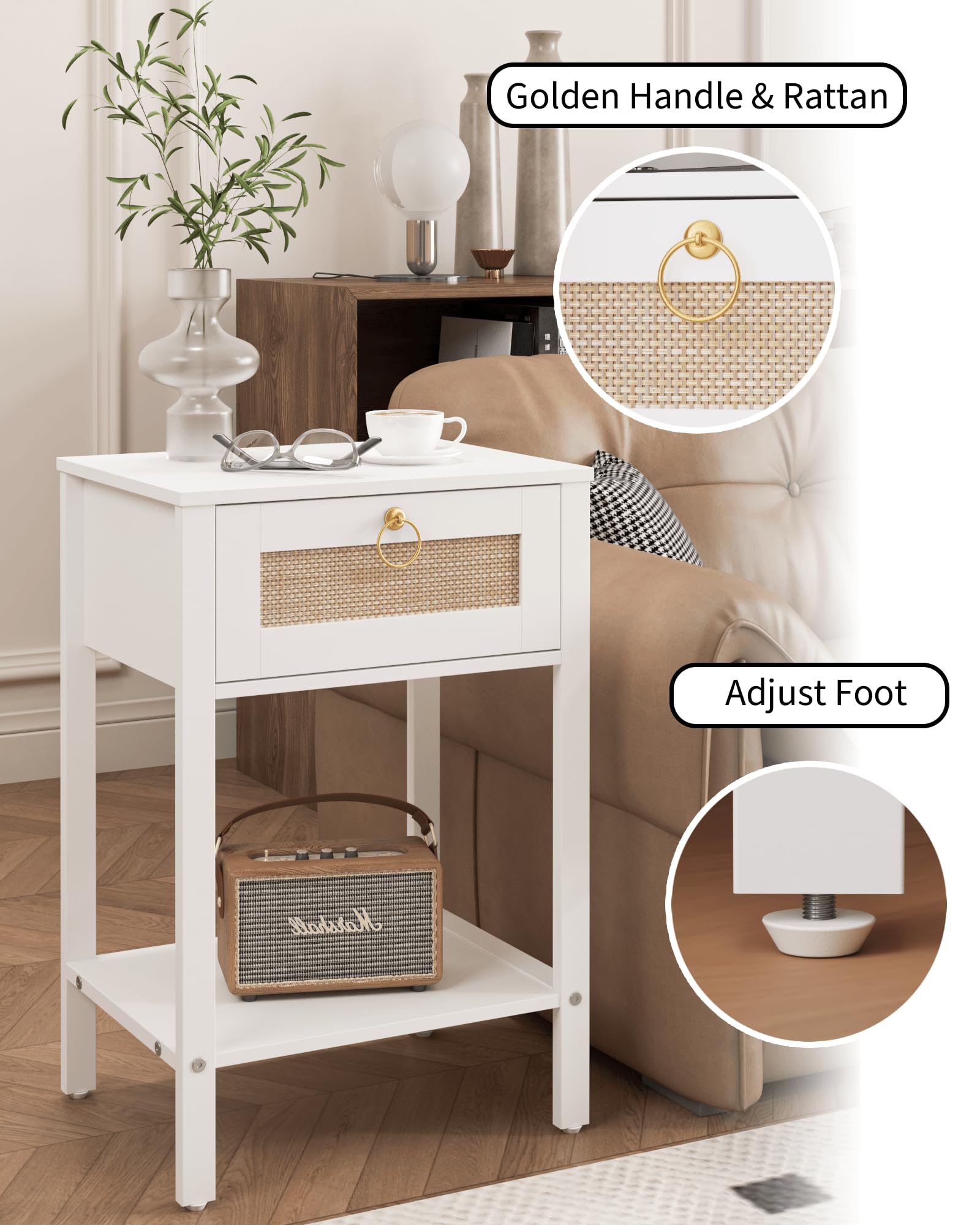 JOONEE Rattan Nightstand，Modern Farmhouse Bedside Table with Storage Drawer and Shelf (White)