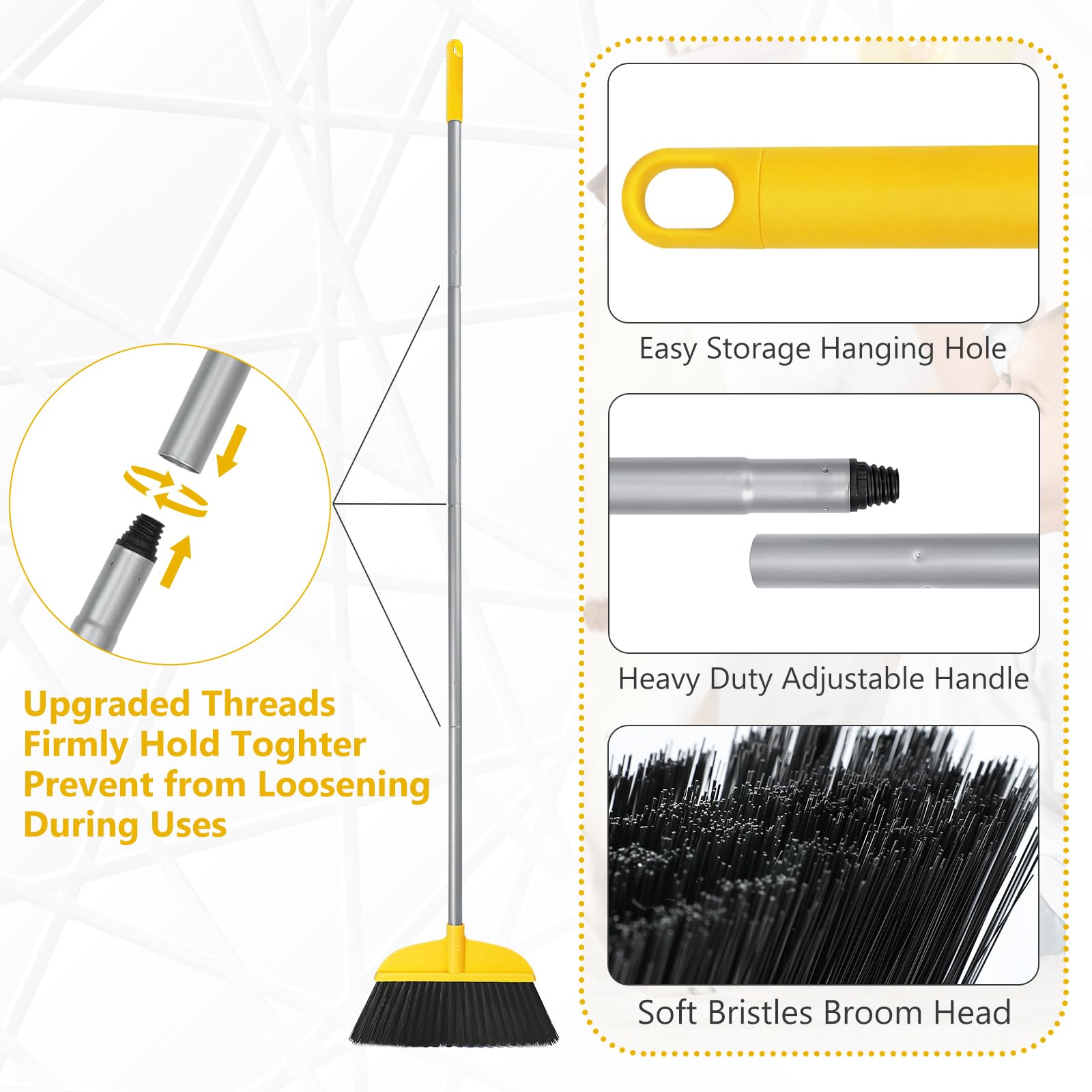 Broom for Hardwood Floors Indoor Sweeping Brooms with Soft Bristles and 55” Long Handle for Tile Laminate Deck Hard Floor Cleaning-Yellow