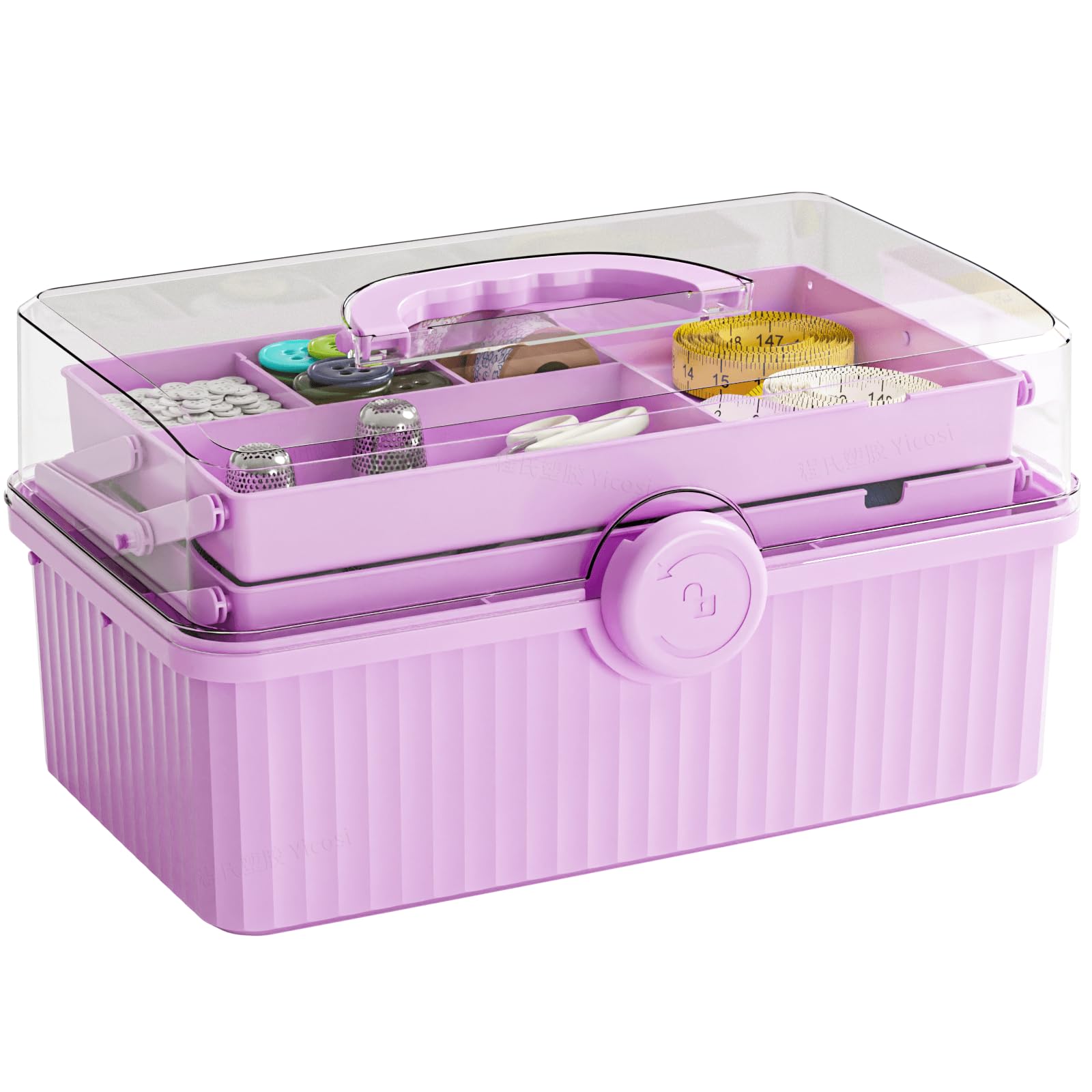 SuoXing 13'' Three-Layer Clear Plastic Storage Box/Tool Box, Multipurpose Organizer and Portable Handled Storage Case for Art Craft and Cosmetic (Purple)