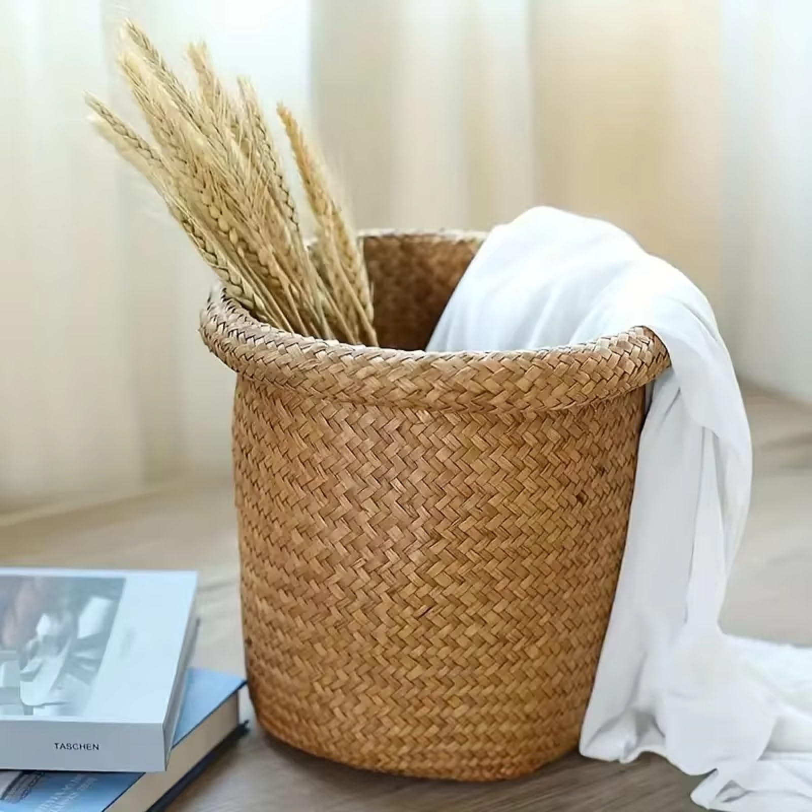 Generic Rattan Trash Basket Can,Woven Waste Storage Basket,Handmade Wicker Waste Basket Storage,Round Rattan Basket,Small Office Rubbish Cans for Bedroom Bathroom Kitchen Office Table