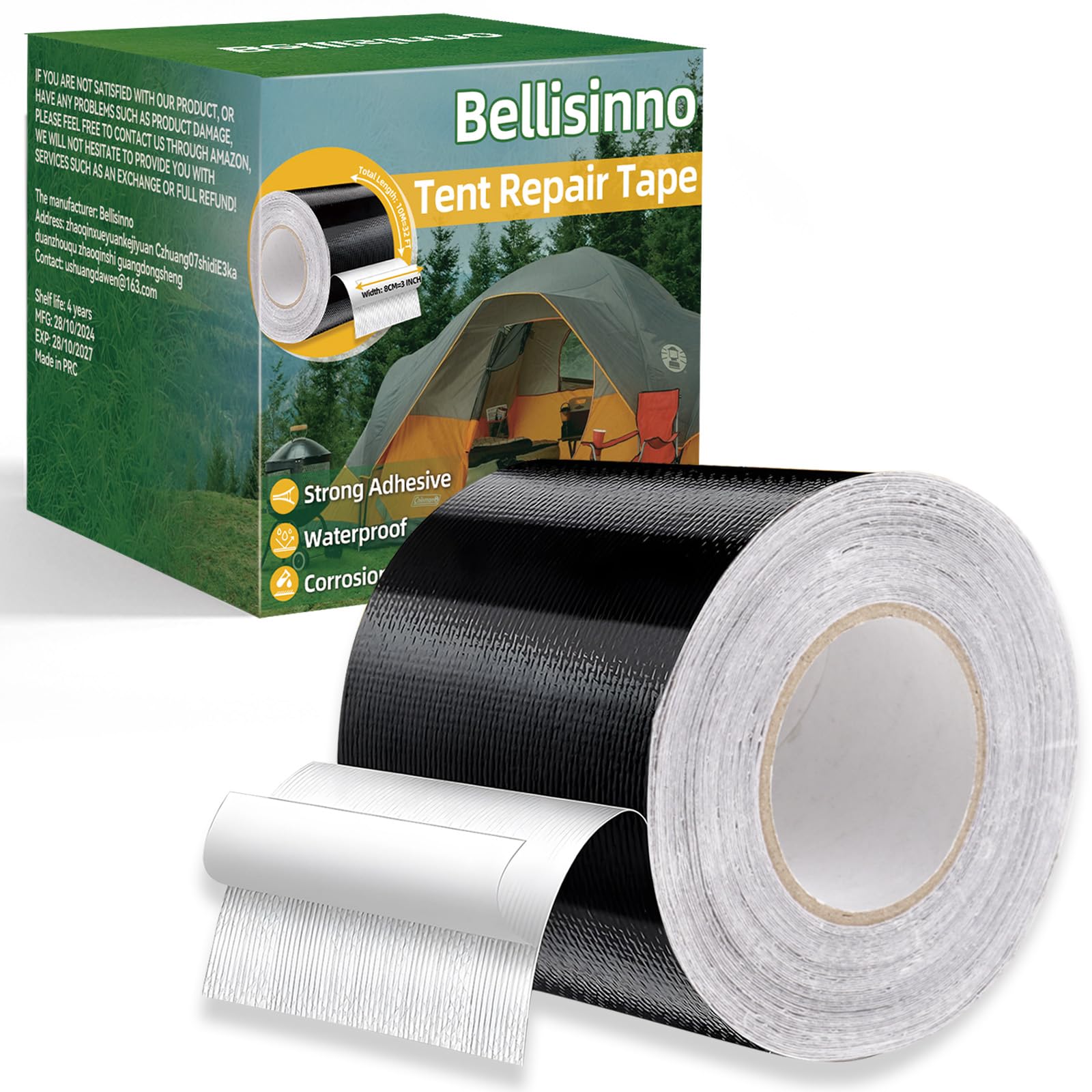 Bellisinno Tent Repair Tape, RV Awning Repair Tape Waterproof, Outdoor Repair Tape for Tarp, Tent, Canvas, Boat Covers, Sail Tape, Tear Repair Patch Kit, Heavy Duty 3 inches x 32 FT Tent Tape