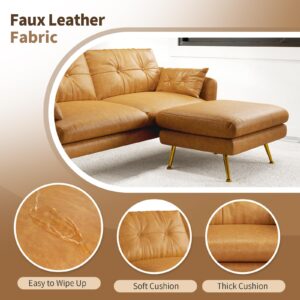 82" Faux Leather Couch, Mid Century Upholstered 3 Seater Sofa Comfy Couch for Living Room Bedroom, Luxury Tan Brown Leather Couch with Solid Wood Frame and Metal Legs | Filled with Down and Cotton