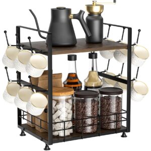 poneya 2 tier coffee bar organizer for countertop, coffee mug holder with 12 hooks, space-saving coffee cup stand for storage cups, mugs, syrups, tea bag, kitchen home accessories