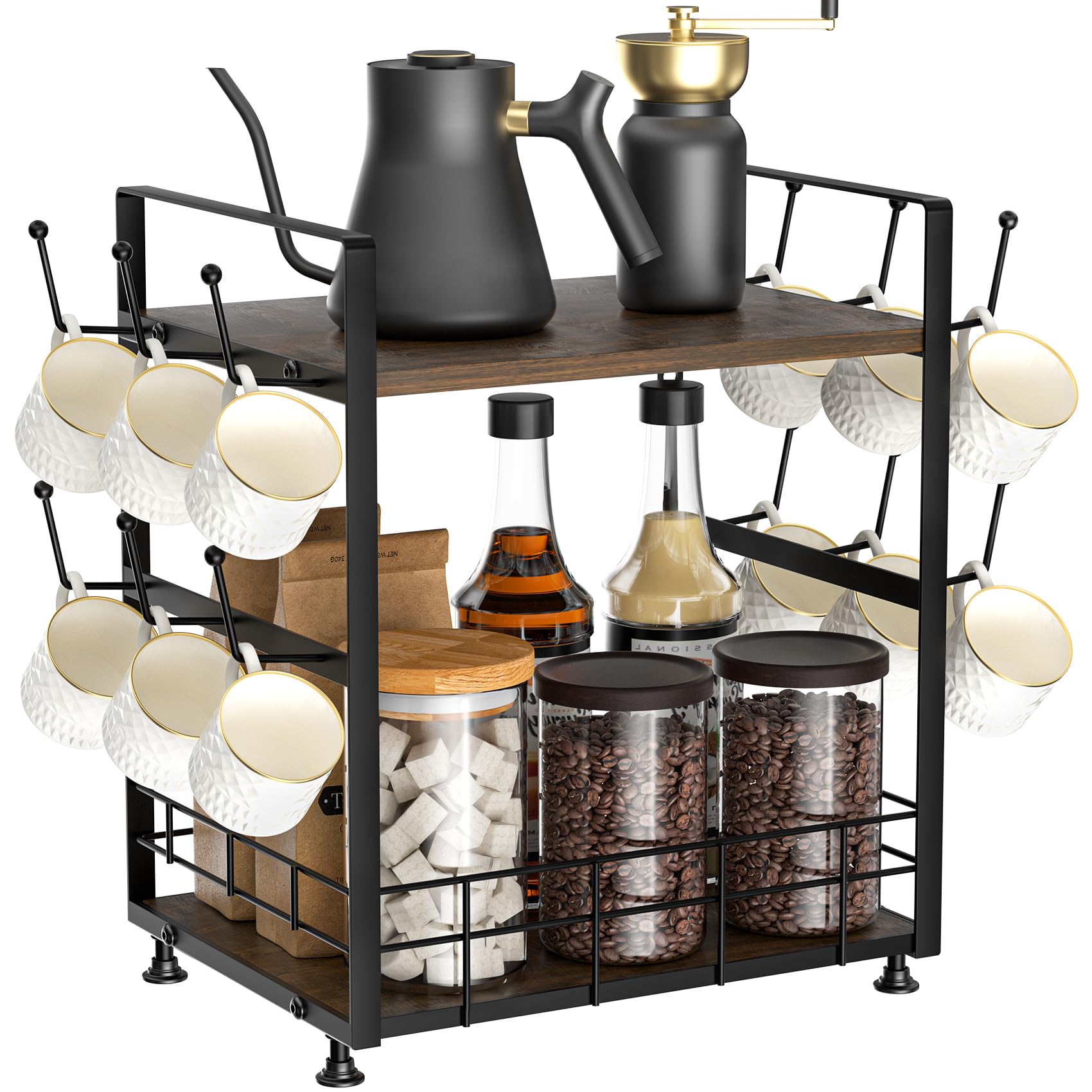 PONEYA 2 Tier Coffee Bar Organizer for Countertop, Coffee Mug Holder with 12 Hooks, Space-Saving Coffee Cup Stand for Storage Cups, Mugs, Syrups, Tea Bag, Kitchen Home Accessories