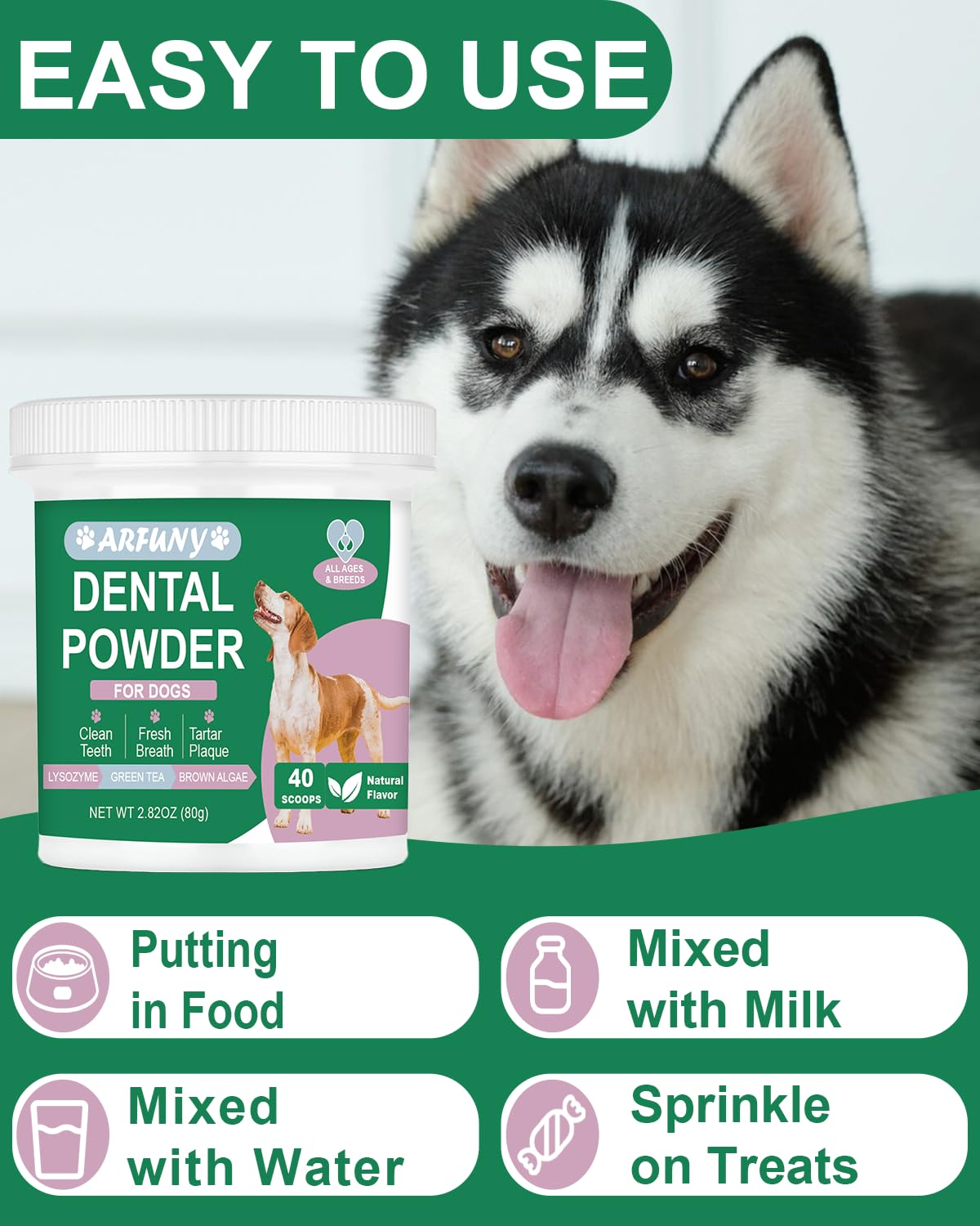 SANTKOL Dog Dental Powder - Dog Teeth Cleaning Powder with Green Tea, Lysozyme, Brown Algae - Dog Dental Care Targets Tartar, Plaque & Bad Breath - Dog Breath Freshener - for All Dogs, 80g