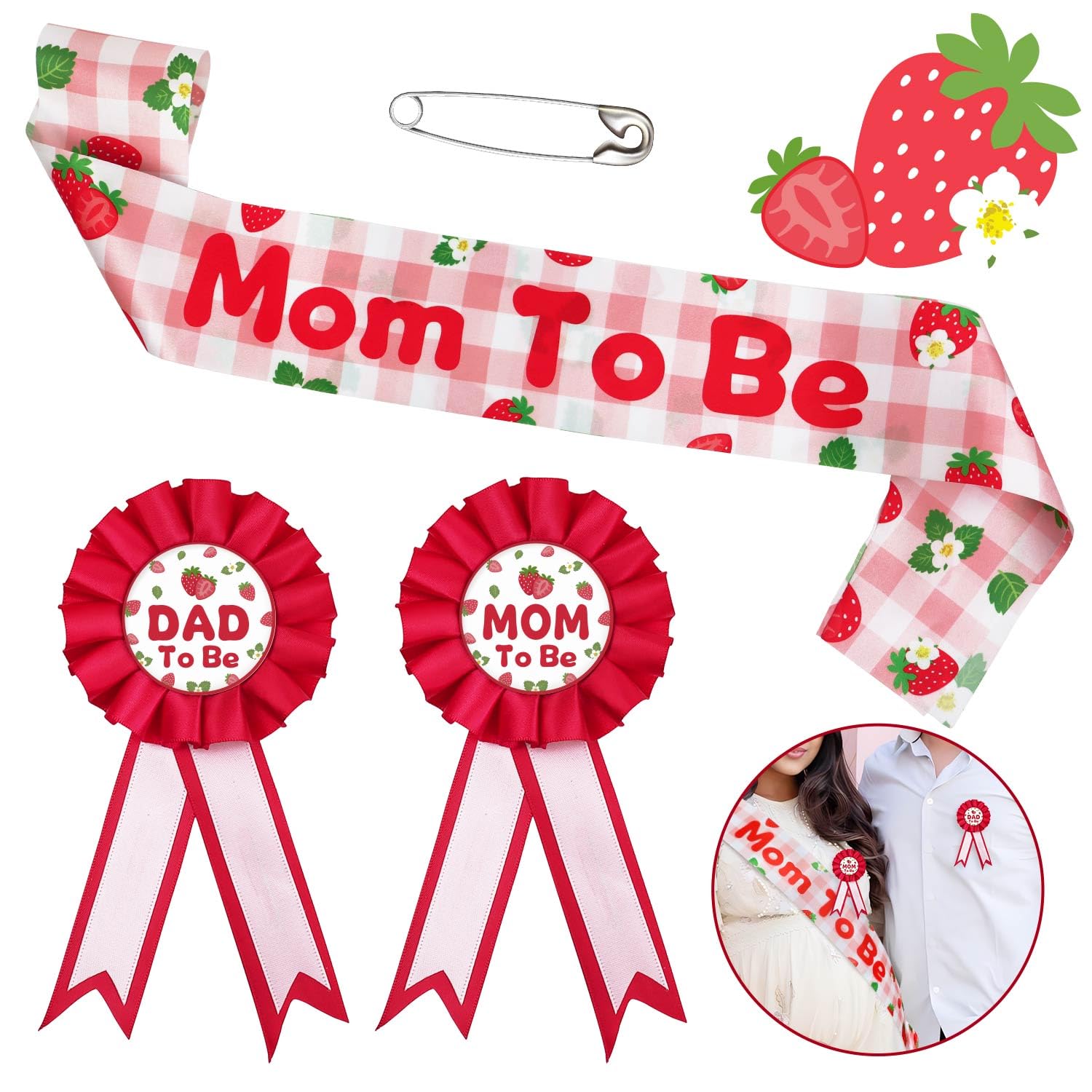 Lopeastar Strawberry Baby Shower Decorations Mom to Be Sash Dad to Be Corsage Set, Berry Sweet Mommy to Be Sash Baby Shower Sash Set Party Decorations