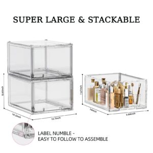 MSHOMELY 2 Pack Large Stackable Storage Drawers, Clear Under Sink Organizers and Storage, Arcylic Bathroom Makeup Organizers, Plastic Storage Bins for Vanity, Undersink, Kitchen Cabinet, Bathroom