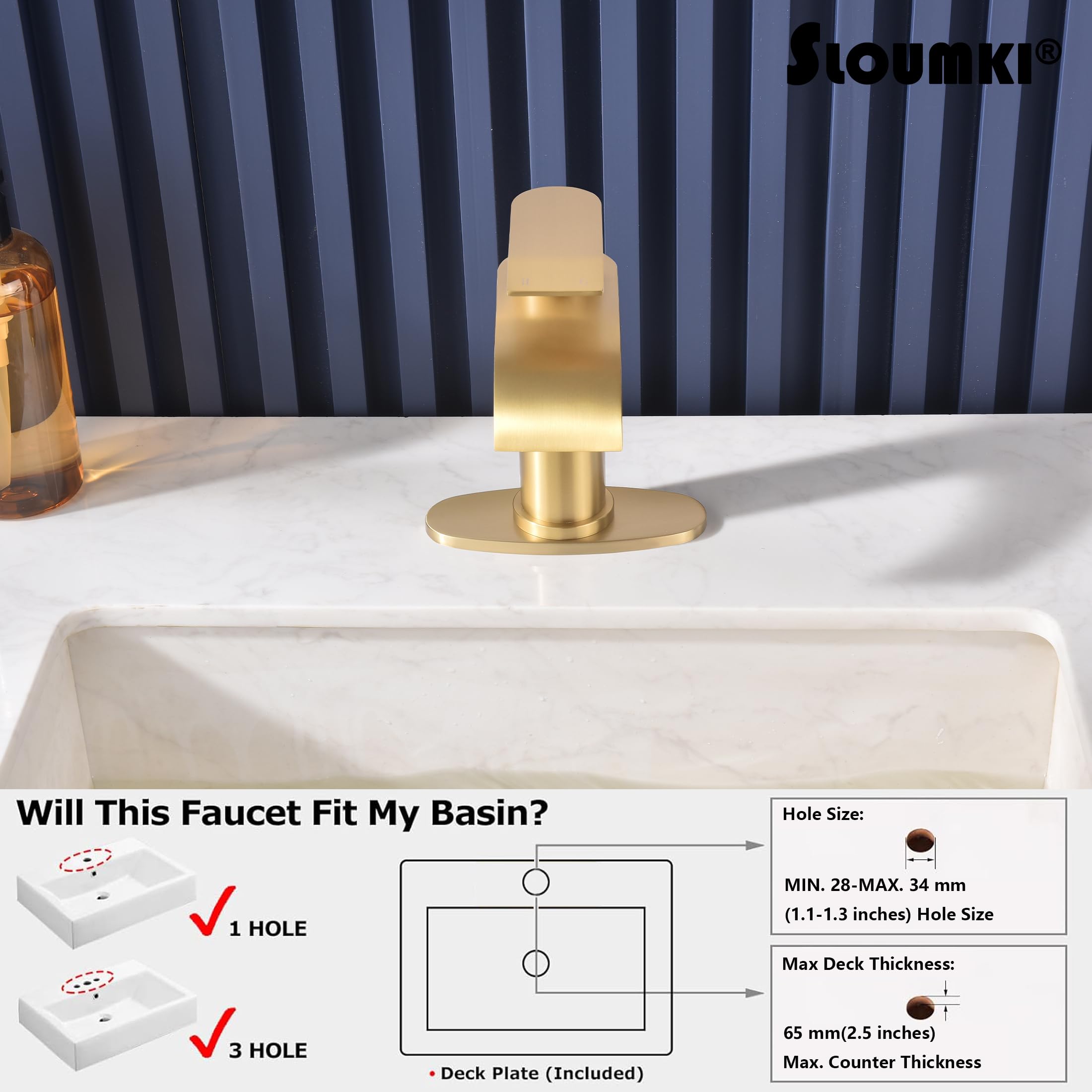 SLOUMKI Brushed Gold Waterfall Bathroom Faucet Single Hole, Gold Bathroom Faucet for Sink 1 Hole with 6 in Deck Plate and Pop Up Drain and Supply Hose, Modern Bathroom Sink Faucet