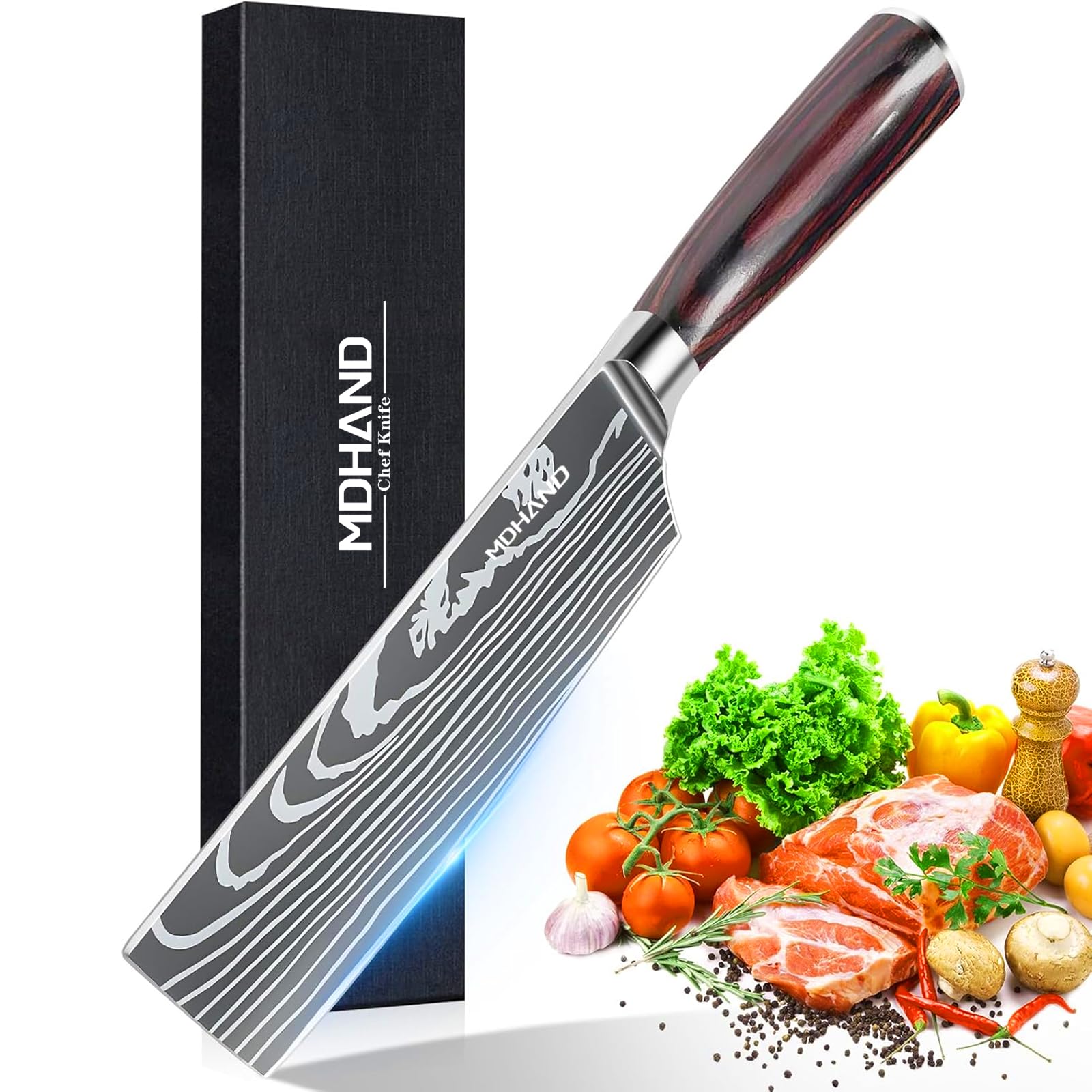 MDHAND 7" Nakiri Knife - Ultra Sharp Meat Cleaver Knife and Kitchen Knife, High Carbon Stainless Steel, Chef Knife for Home and Kitchen with Ergonomic Pakkawood Handle, Gifts for Women and Men