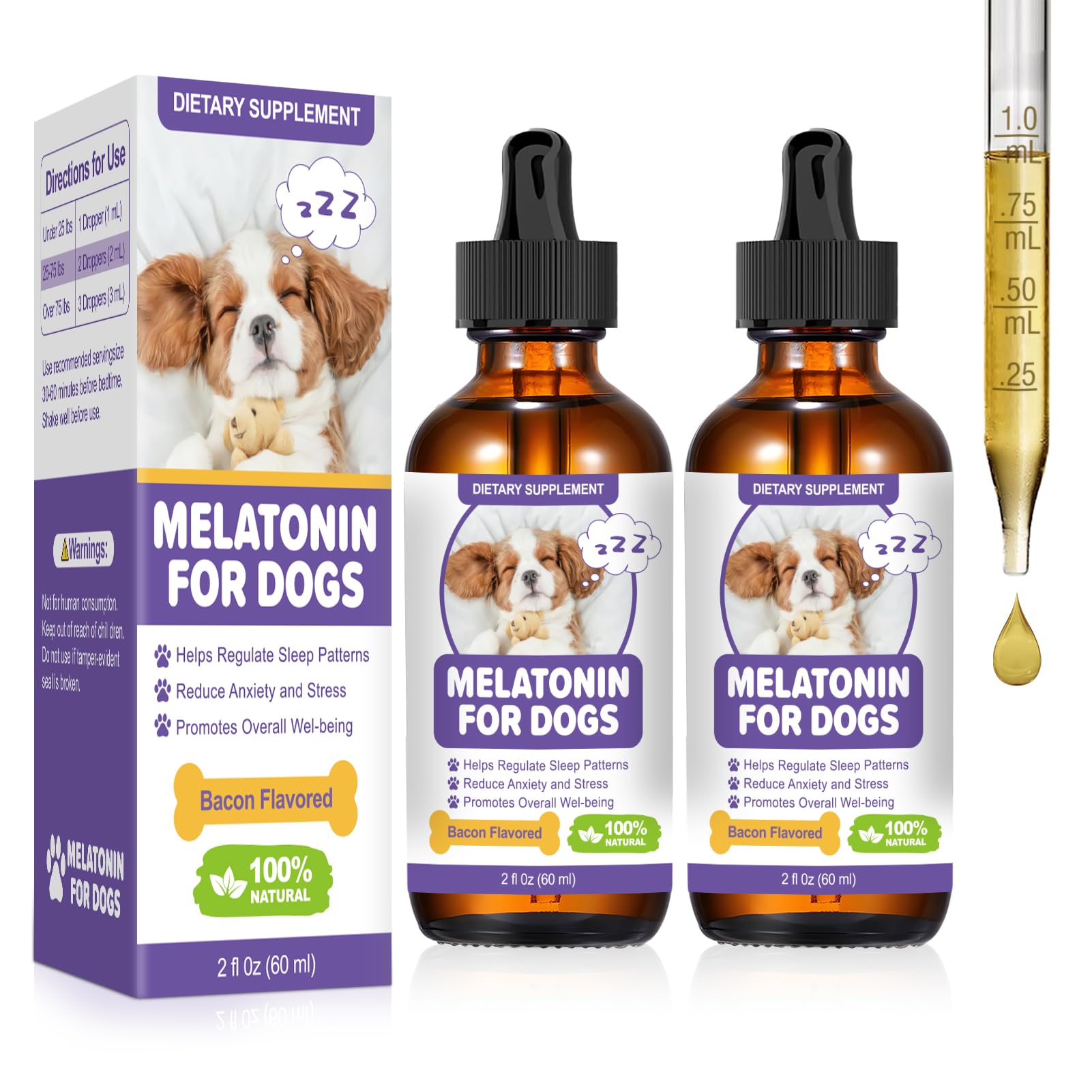 Melatonin for Dogs,Dog Melatonin,Dog Sleep Aid,Liquid Melatonin for Dogs,Calming for Dogs,Melatonin for Dogs Sleep Relieves Anxiety and Stress in Dogs, Helps Calm and Restful Sleep,Bacon Flavor