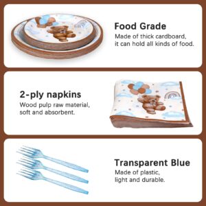 Teddy Bear Baby Shower Decorations Plates Set for 25,Boho Paper Plates Napkins Forks for Boy Brown Blue Tableware Birthday Party Supplies