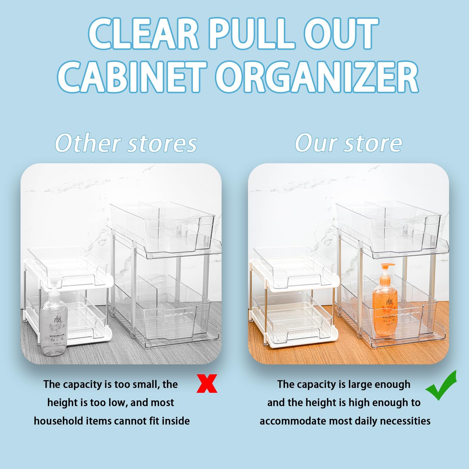 2 Set 2 Tier Clear Bathroom Organizers and Storage,MultiUse Slide Out Under Sink Organizer and Pull Out Cabinet Organizer for Kitchen, Pantry, Medication Organizer Storage,Vanity Makeup Organization