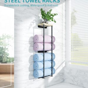 Towel Racks for Bathroom, 2 Tier Wall Towel Holder with Wood Shelf, Metal Wall Mounted Towel Rack Bathroom Organizers and Storage, Black