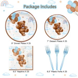 Teddy Bear Baby Shower Decorations Plates Set for 25,Boho Paper Plates Napkins Forks for Boy Brown Blue Tableware Birthday Party Supplies