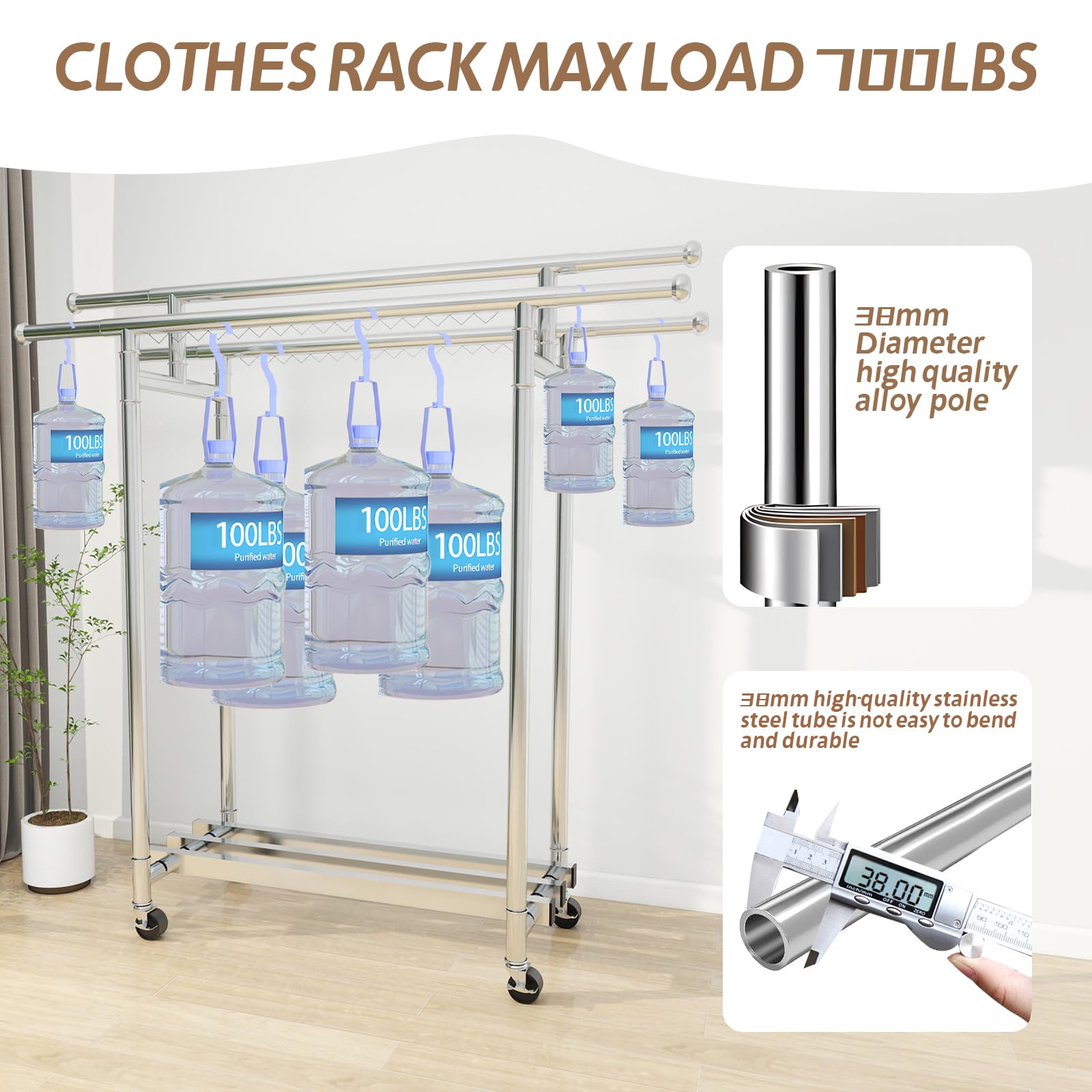 mahumahu Heavy Duty Clothes Rack Load 700LBS, Garment Rack with 4 Rolling Wheels - Stainless Steel Clothing Rack for Hanging Clothes, Chrome