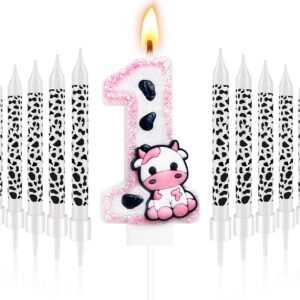 13 Pcs Cow Themed Birthday Candles - 0 to 9 Pink Cow Number Candle & Cow Print Birthday Candles, Cowgirl Theme Candle for Girls Birthday Party Decor, Holy Cow Im One Birthday Decorations (Number 1)