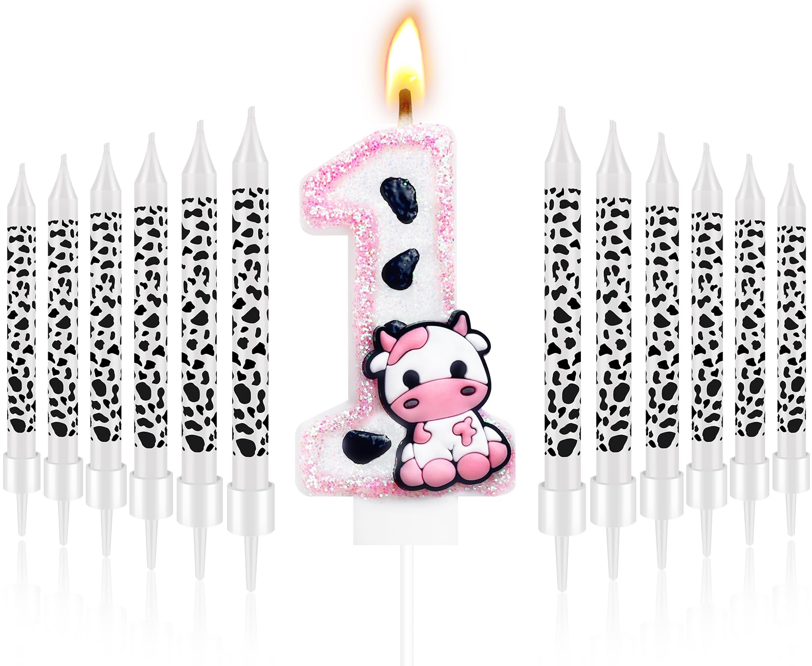 13 Pcs Cow Themed Birthday Candles - 0 to 9 Pink Cow Number Candle & Cow Print Birthday Candles, Cowgirl Theme Candle for Girls Birthday Party Decor, Holy Cow Im One Birthday Decorations (Number 1)