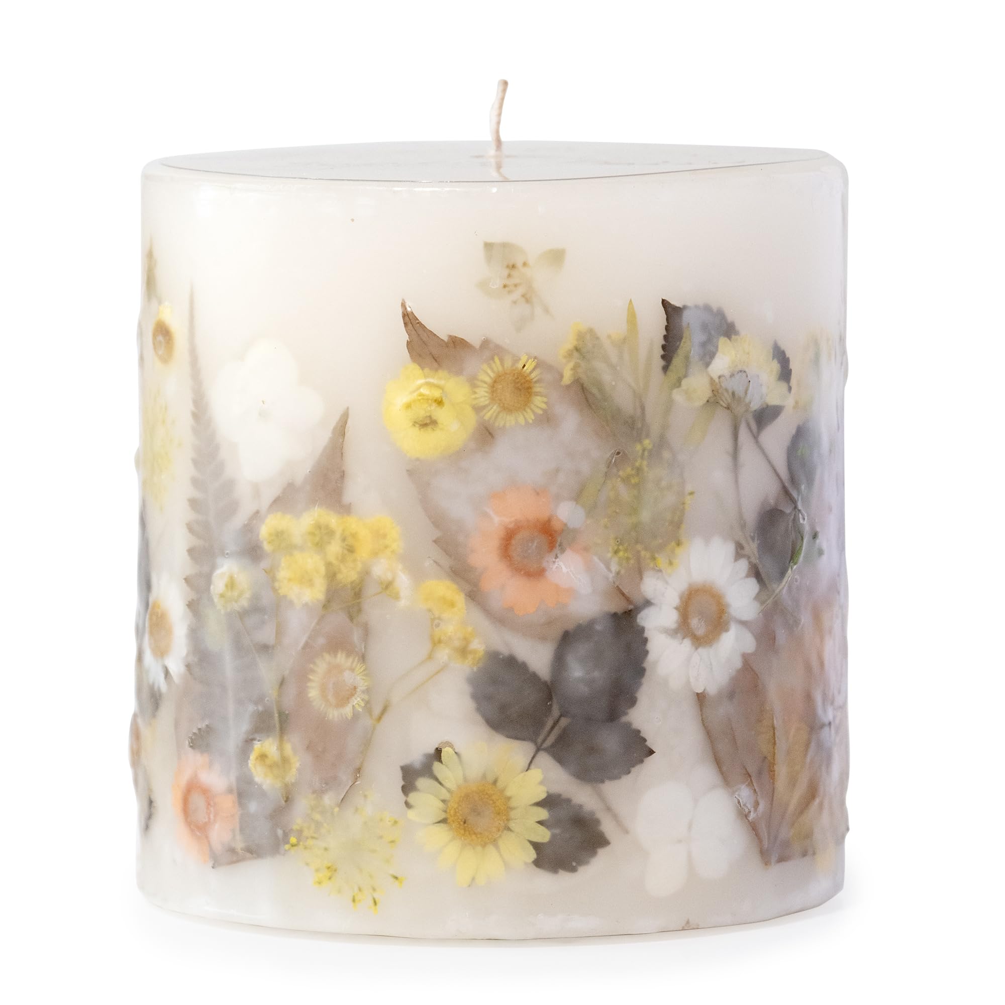 ANDALUCA Pressed Real Flowers Handcrafted Botanical Floral Pillar Candle (Sunlit Daisy)