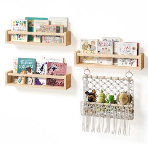 bblike nursery book shelves set of 3 - floating shelves for wall with stuffed animal net, wood wall mounted shelves, hanging nursery furniture for toy storage and playroom, kids room, nursery decor