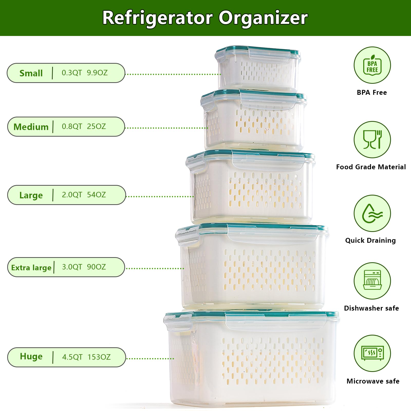 5 PCS Fruit Storage Containers for Fridge Leakproof Food Storage Containers with Removable Colander Label and Pen BPA-Free Fruit Containers for Fridge Keep Fruits, Vegetables, Meat Fresh longer