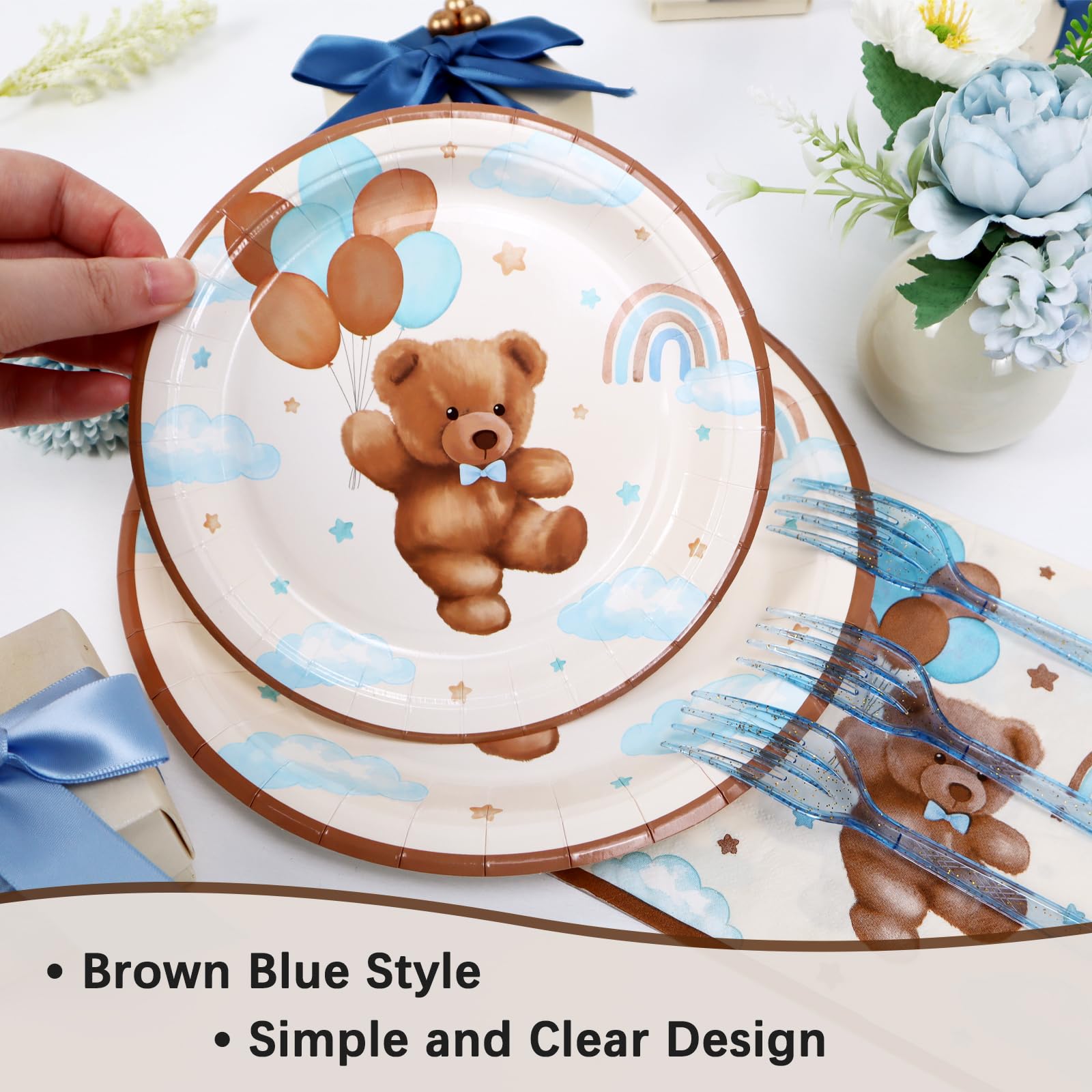 Teddy Bear Baby Shower Decorations Plates Set for 25,Boho Paper Plates Napkins Forks for Boy Brown Blue Tableware Birthday Party Supplies