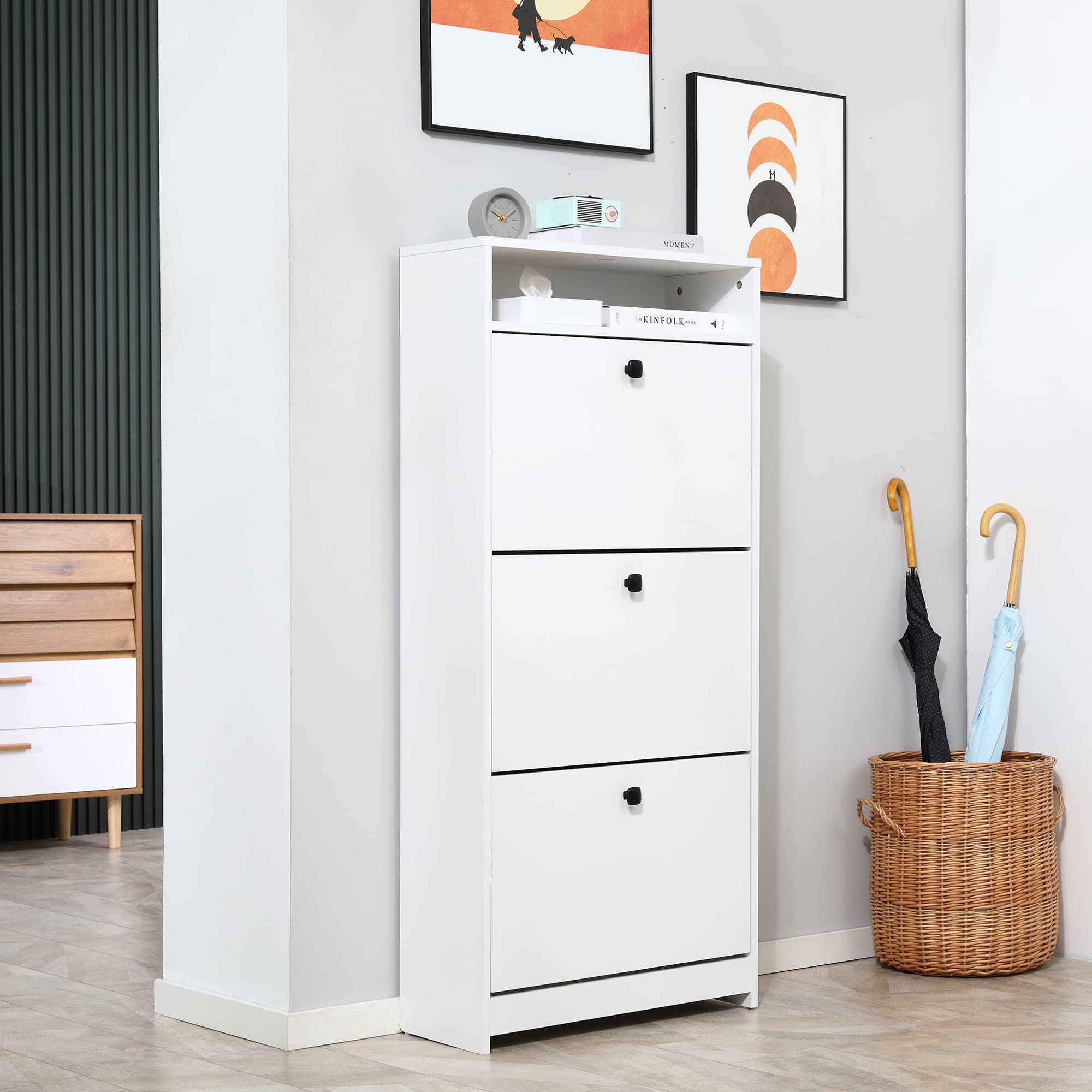 HOMCOM Slim Shoe Cabinet, Trendy Shoe Storage Cabinet with 3 Large Fold-Out Drawers & a Spacious Top Surface for Small Items, White