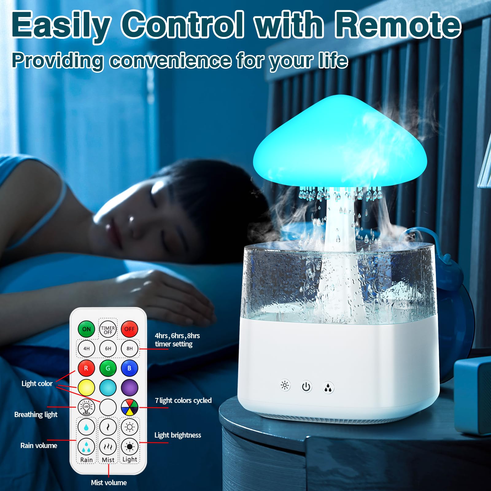 Cloud Humidifiers 450ML Water Drip Mushroom Humidifiers with Remote Control 7 Colors Mood Light Air Humidifier Raindrop Humidifiers for Bedroom