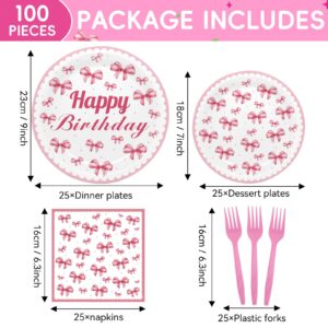 Generic 100pcs Pink Bow Birthday Party Decorations Pink White Bow Bachelorette Plates and Napkins for Girl Coquett Bridal Engagement Baby Shower Dinnerware Party Supplies Serve 25 Guests, LARGE