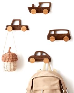 vinoil kids coat hooks wall mount, walnut car-shaped coat rack heavy duty for bathrooms,kids’ room,door,nursery,entryway, 4 pack wood wall hooks for hanging hats,backpacks,towels,keys&clothes