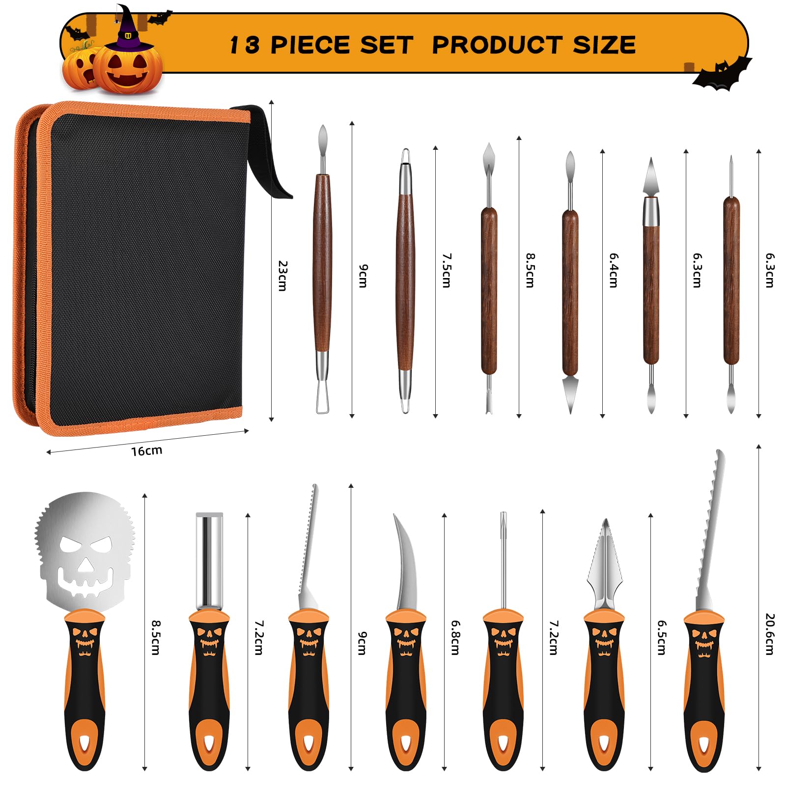 YUYUNLOMN Halloween Pumpkin Carving Tool kit, 13-Piece Professional Stainless Steel Pumpkin Cutting & Carving Set with 10 Templates, Carrying Bag - Perfect for Family Fun Time During Halloween