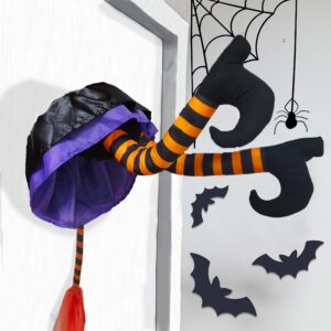 outdoor halloween decorations large crashing witch into tree hanging decor, 24'' pose-able witches legs flying into the door window wall props ornaments, funny witches wreath flying crashed