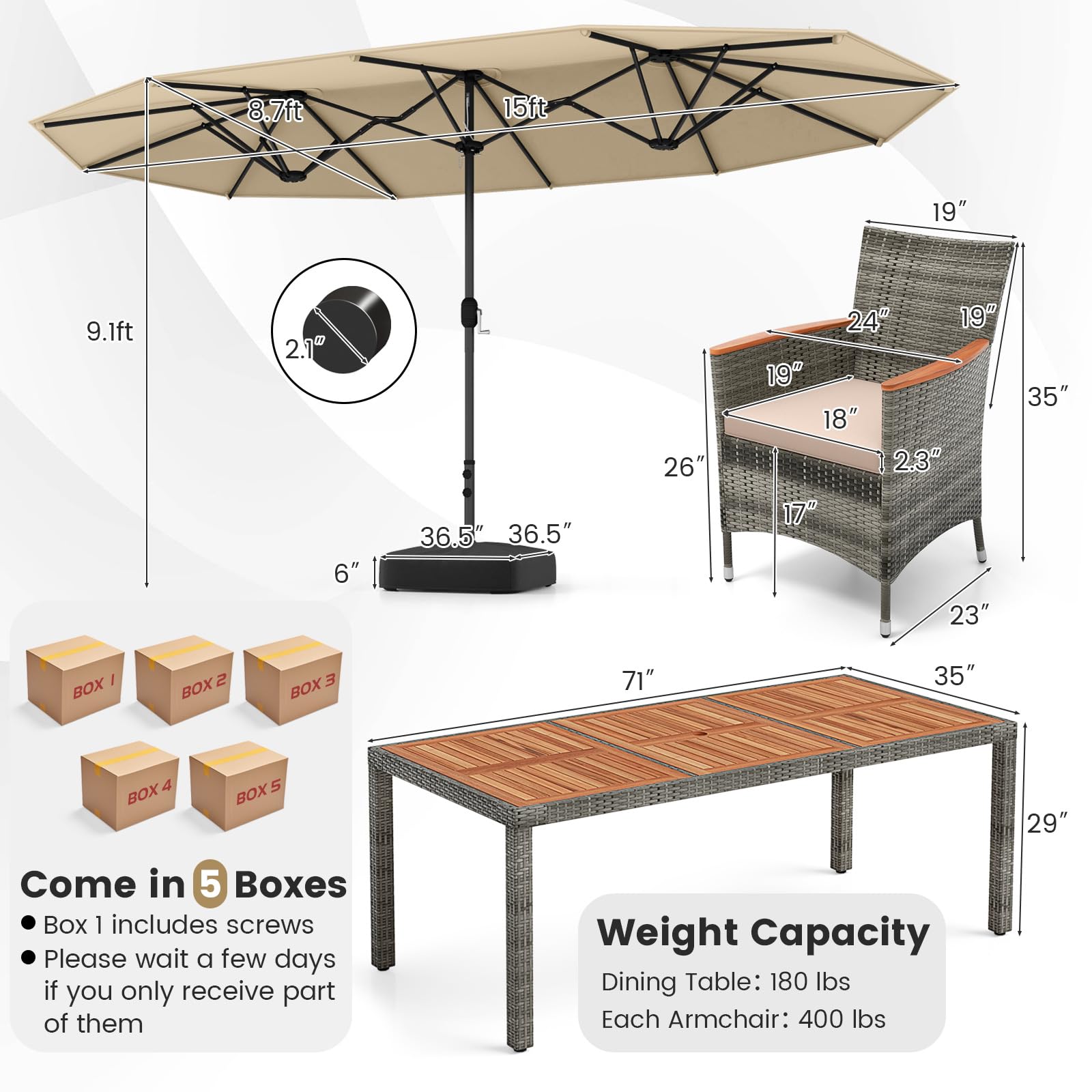 Tangkula 10 Pieces Patio Wicker Dining Set w/Double-Sided Patio Umbrella, Outdoor Acacia Wood Furniture Set w/ 8 Armchairs, 71” Dining Table & 15 ft Umbrella with Weighted Base (Beige)