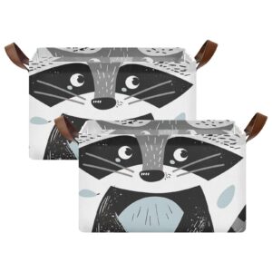 PDZRMY Open Storage Bin Cut Raccoon Large Foldable Storage Box Storage Basket Organizer Bins with Leather Handles for Shelf Closet Bedroom Living Room Office Home 1 Pack