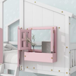 Tdewlye House Bunk Bed Twin Over Twin Kids Bunk Bed Wood Frame with Roof, Window, Window Box, Door, Safety Guardrails and Ladder for Girls Boys Child Teens (Pink+White-@14)