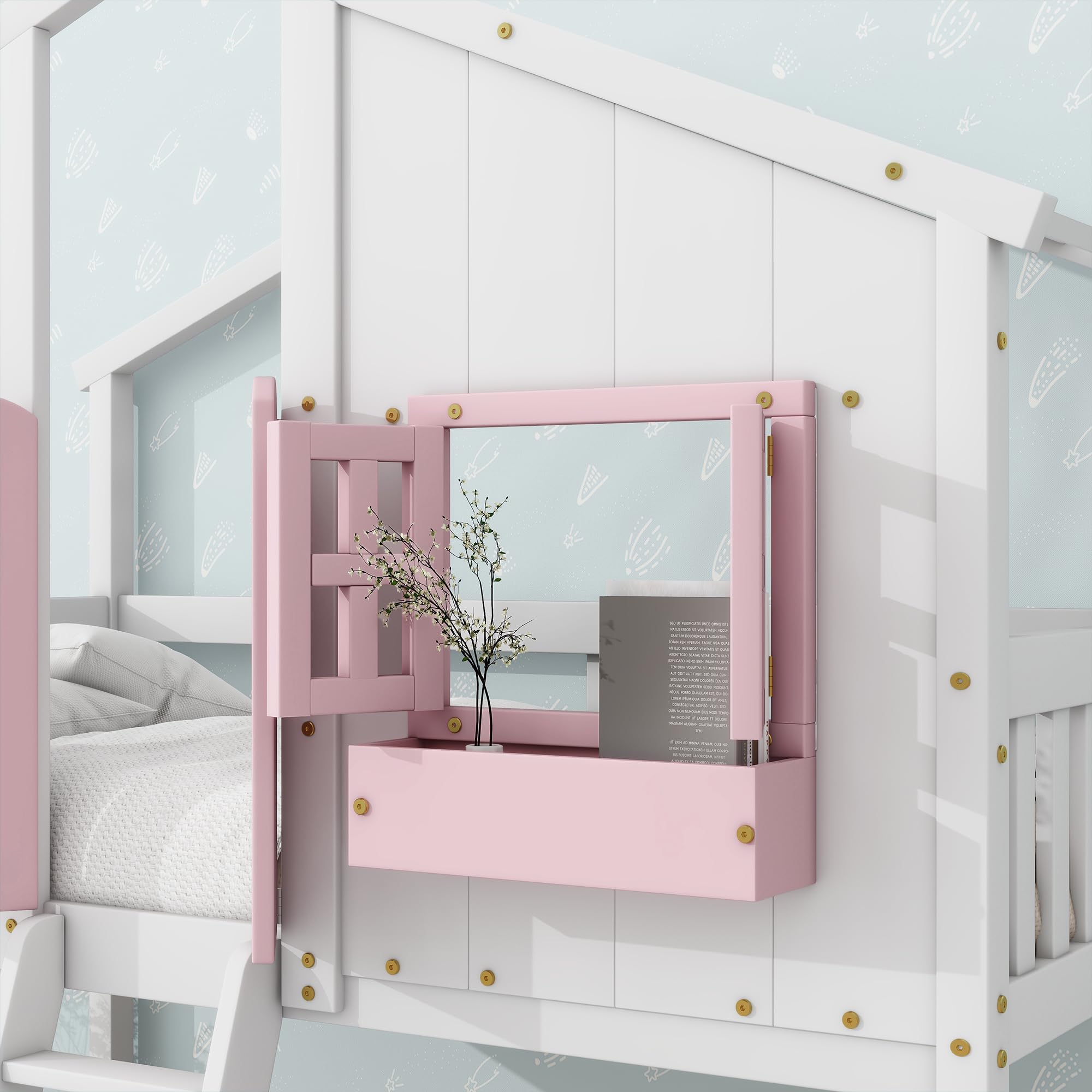 Tdewlye House Bunk Bed Twin Over Twin Kids Bunk Bed Wood Frame with Roof, Window, Window Box, Door, Safety Guardrails and Ladder for Girls Boys Child Teens (Pink+White-@14)