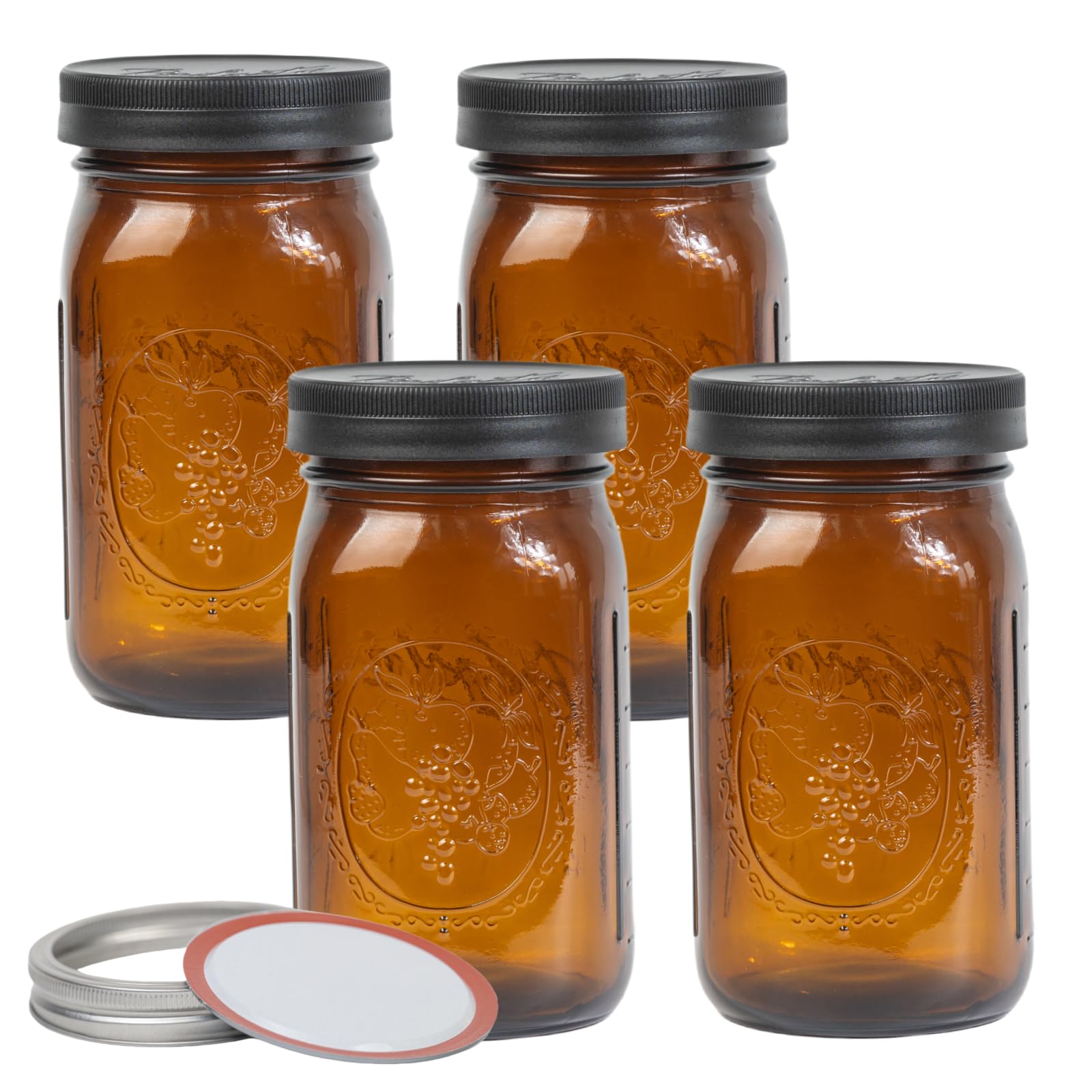 Yodecy 4 Pack 32 oz Amber Wide Mouth Mason Jars with Airtight Lids and Black Plastic Mason Jar Lids, Amber Canning Jars with Lids