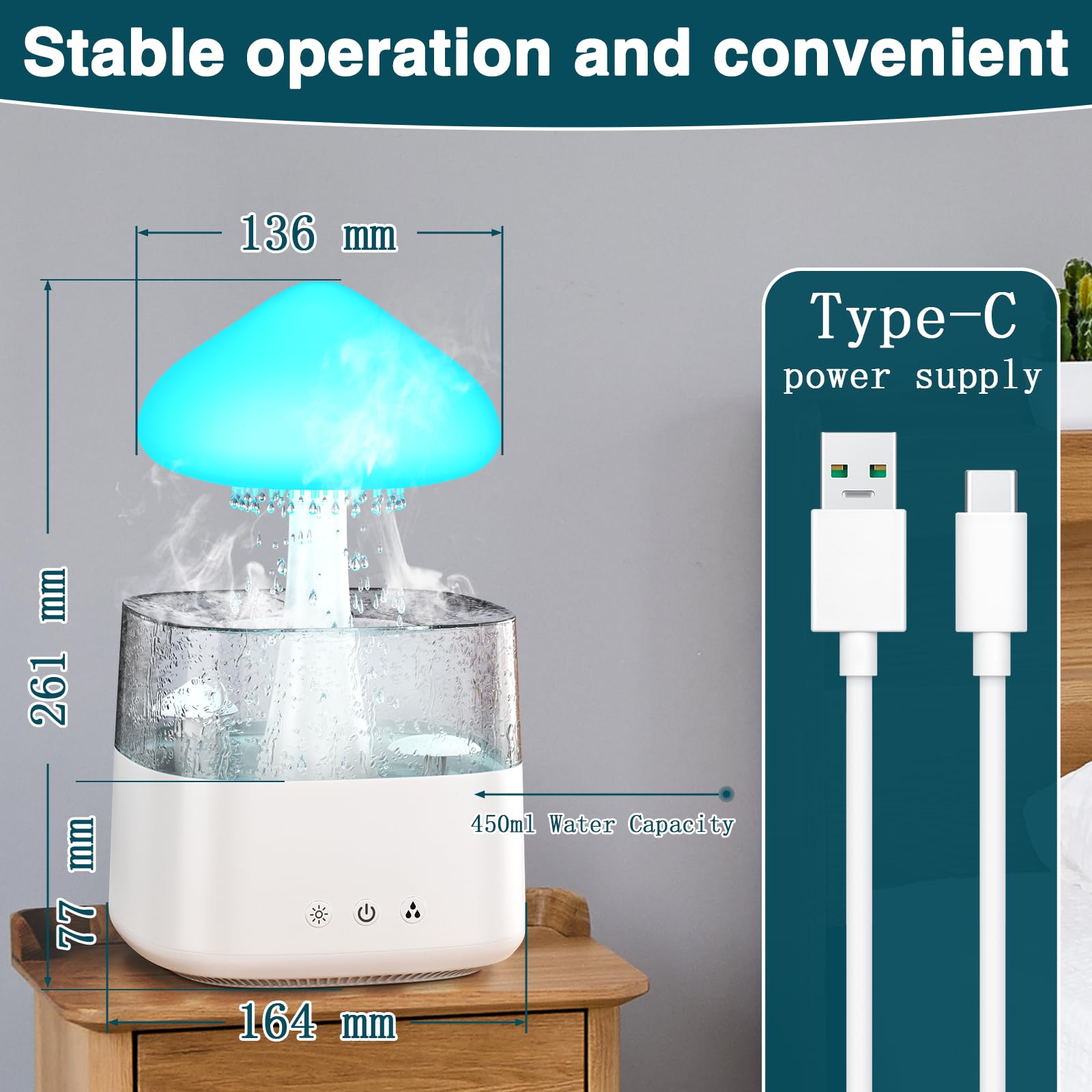 Cloud Humidifiers 450ML Water Drip Mushroom Humidifiers with Remote Control 7 Colors Mood Light Air Humidifier Raindrop Humidifiers for Bedroom