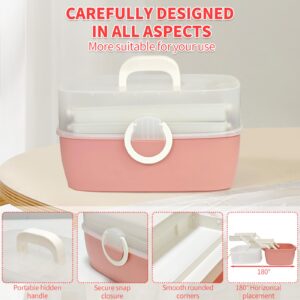 3-Layer Multipurpose Storage Box Organizer Folding Tool Box/Art & Crafts Case/Sewing Supplies Organizer/Medicine Box/Family First Aid Box with 2 Trays (Pink)