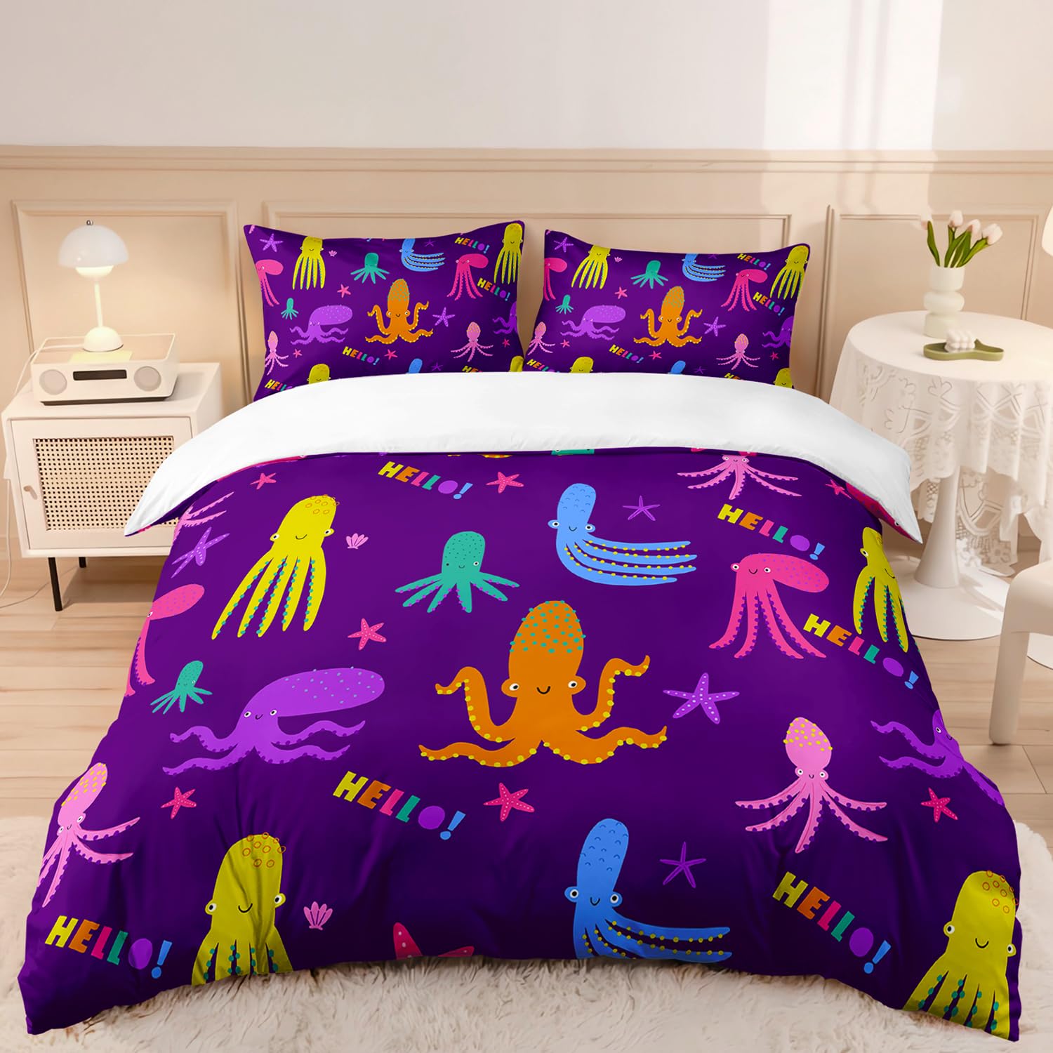 AILONEN Cartoon Octopus Duvet Cover Set Twin Size, Cute Octopus Bedding Set for Kids,Ocean Animal Octopus Comforter Cover Set for All Season,3-Pieces,1 Quilt Cover with 2 Pillowcases,Soft Microfiber