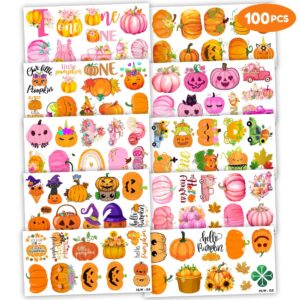 100 PCS Fall Little Pumpkin Autumn Halloween Temporary Tattoos Themed 1st First Birthday Party Decorations Supplies Favors Decor Cute Thanksgiving Stickers Gifts for Boys Girls School Prizes Carnival