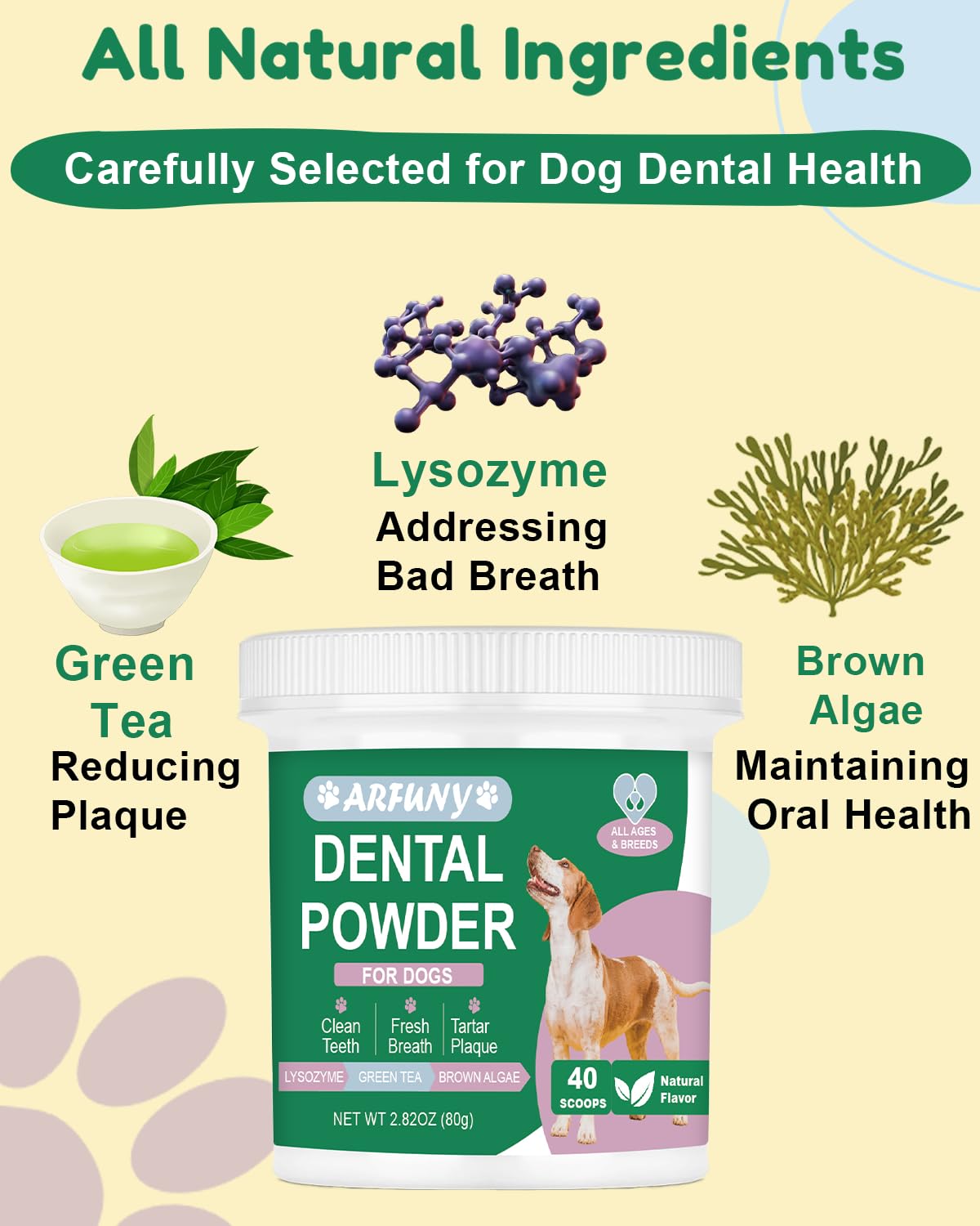 SANTKOL Dog Dental Powder - Dog Teeth Cleaning Powder with Green Tea, Lysozyme, Brown Algae - Dog Dental Care Targets Tartar, Plaque & Bad Breath - Dog Breath Freshener - for All Dogs, 80g