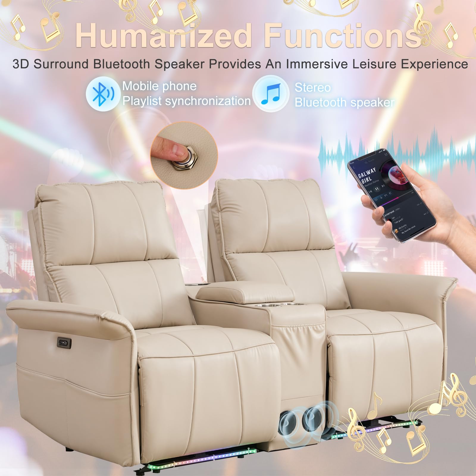 72" RV Loveseat Recliner Wall Hugger, Power Reclining Loveseat with Console, Double Recliner Loveseat Wall Hugger Loveseat Recliner with Power Strip/USB/Type C/Cup Holders/LED Light/Bluetooth Speaker