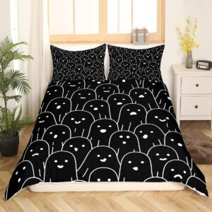 Cute Ghost Bedding Set,Black White Ghost Comforter Cover Set for Teens Women Room Decor,Cartoon Halloween Duvet Cover Breathable Funny Ghost Bedspread Cover Full Size(No Comforter)